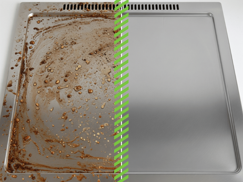 Vorher-Nachher Vergleich der Reinigung mit Arvox Pro: Ein kraftvoller Entfetter für die Küche entfernt verkrustetes Fett von Dunstabzugshauben und Fliesen.