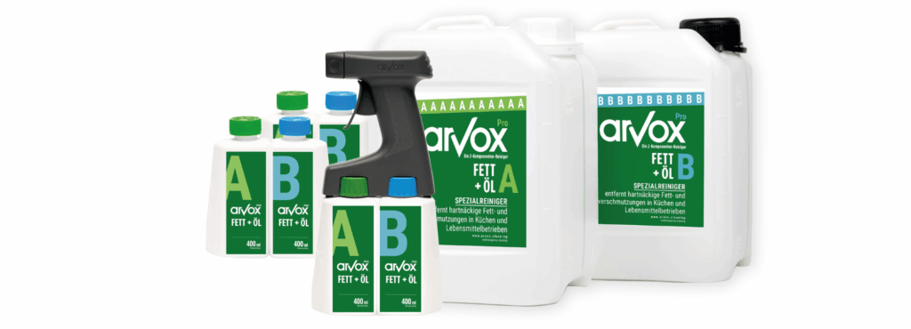 Arvox Pro Fett + Öl Produktset – Der kraftvolle Fettlöser für Küche, Werkstatt und Industrie als 2-Komponenten-System.