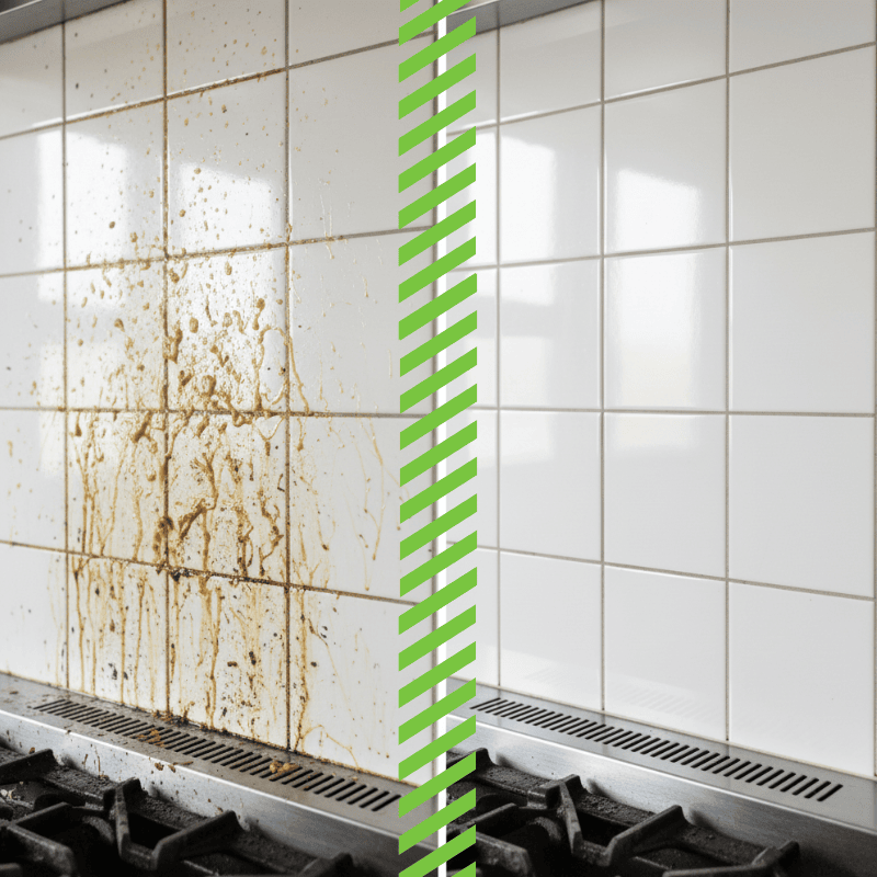 Vorher-Nachher Vergleich der Reinigung mit Arvox Pro: Ein effektiver Fettlöser für Küche entfernt verkrustetes Fett von Dunstabzugshauben und Fliesen.